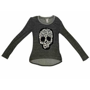 i-ner Skull Embordered Womens Long Sleeve Shirt Gray, Black, White Medium Grunge